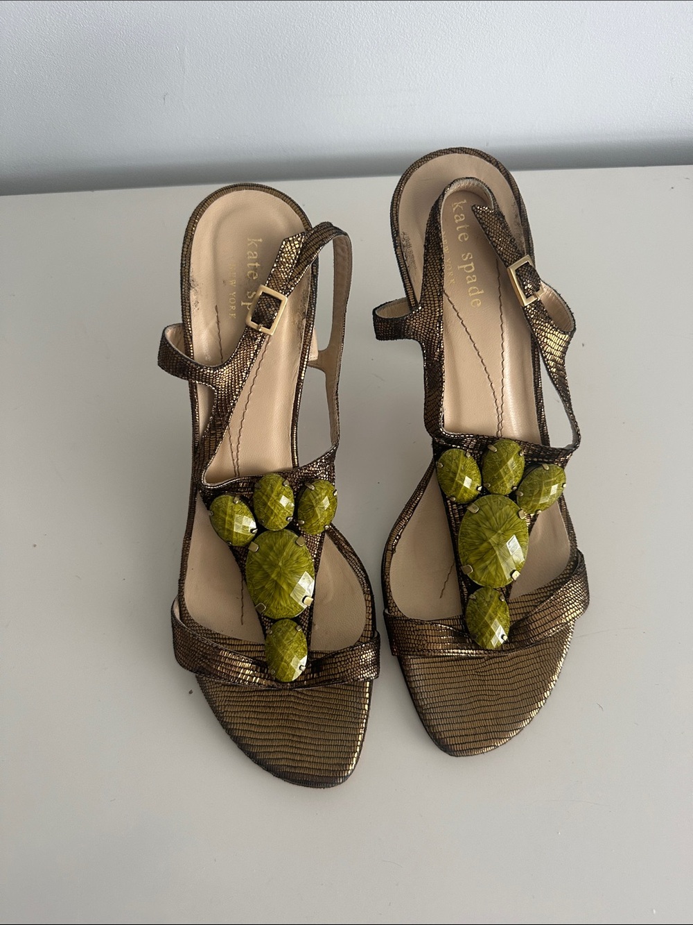 kate spade Bronze Metallic Slingback Heels with Olive Gemstones